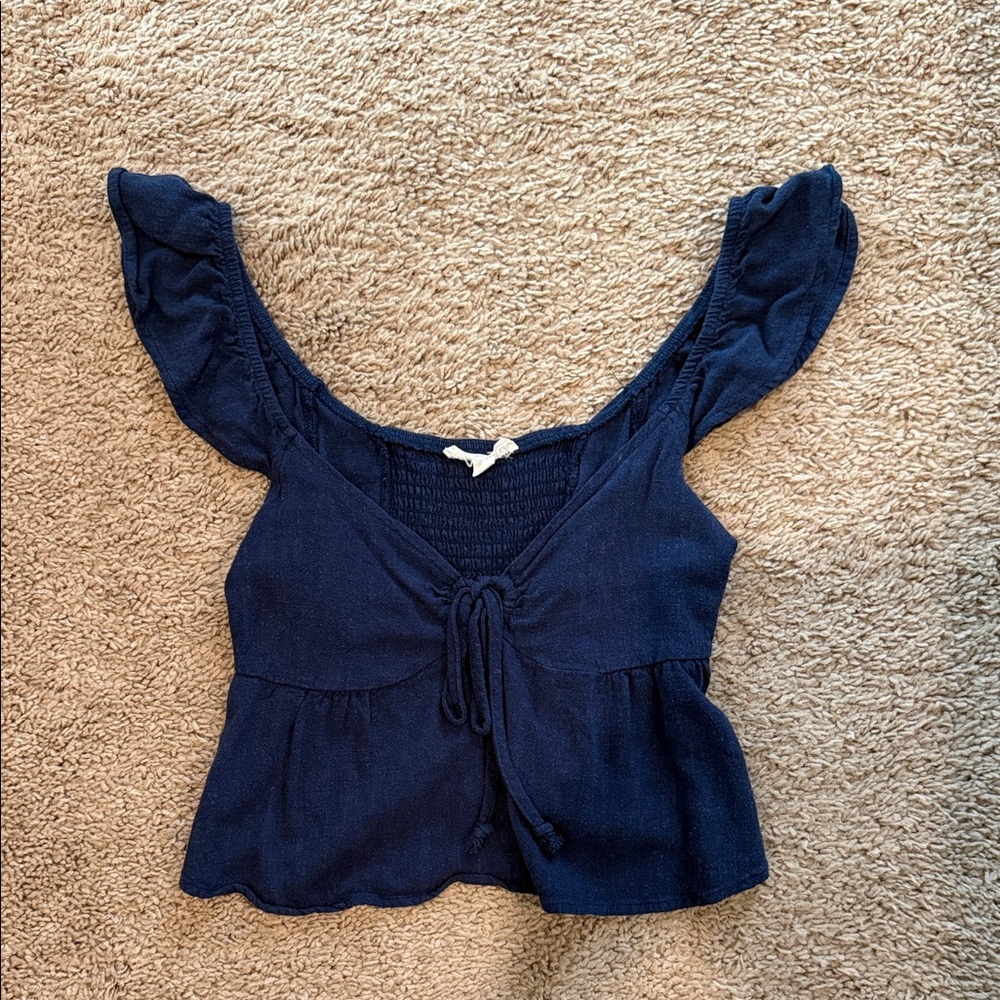 Pacsun La Hearts Cropped Navy Blue Flutter Sleeve Blouse